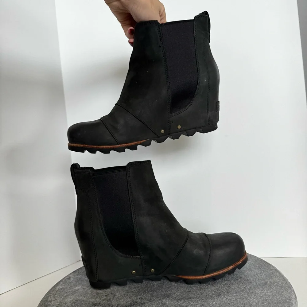 Sorel Black Leather Lea Wedge Booties Ankle Boots 8.5